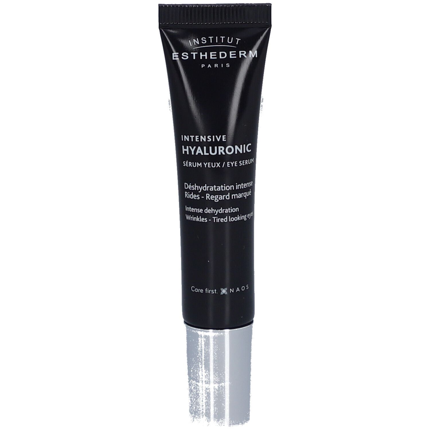 Tube noir avec bouchon argenté. Inscription: Institut Esthederm, Intensive Hyaluronic Sérum yeux. Texte blanc.