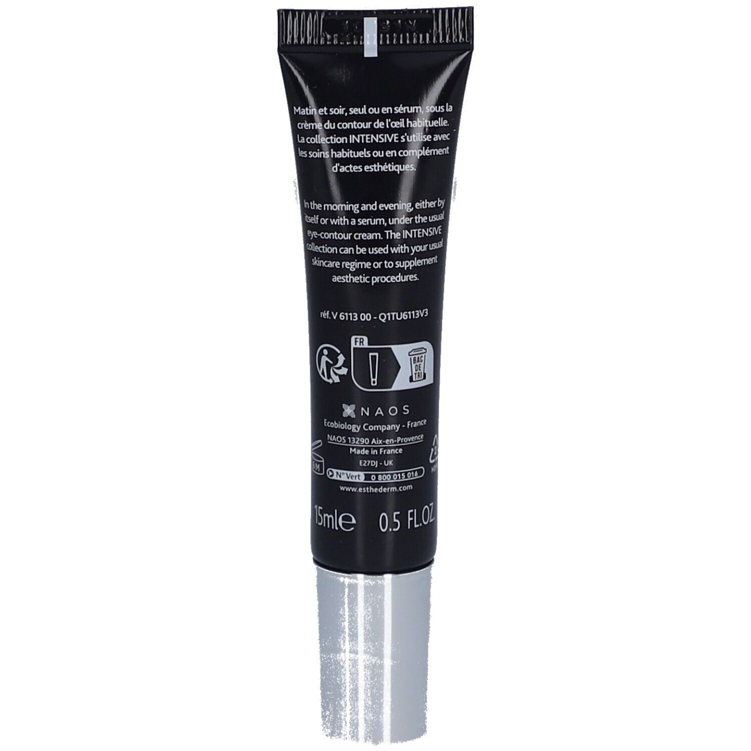 Dos du tube noir. Texte multilingue. Informations fabricant et logos.