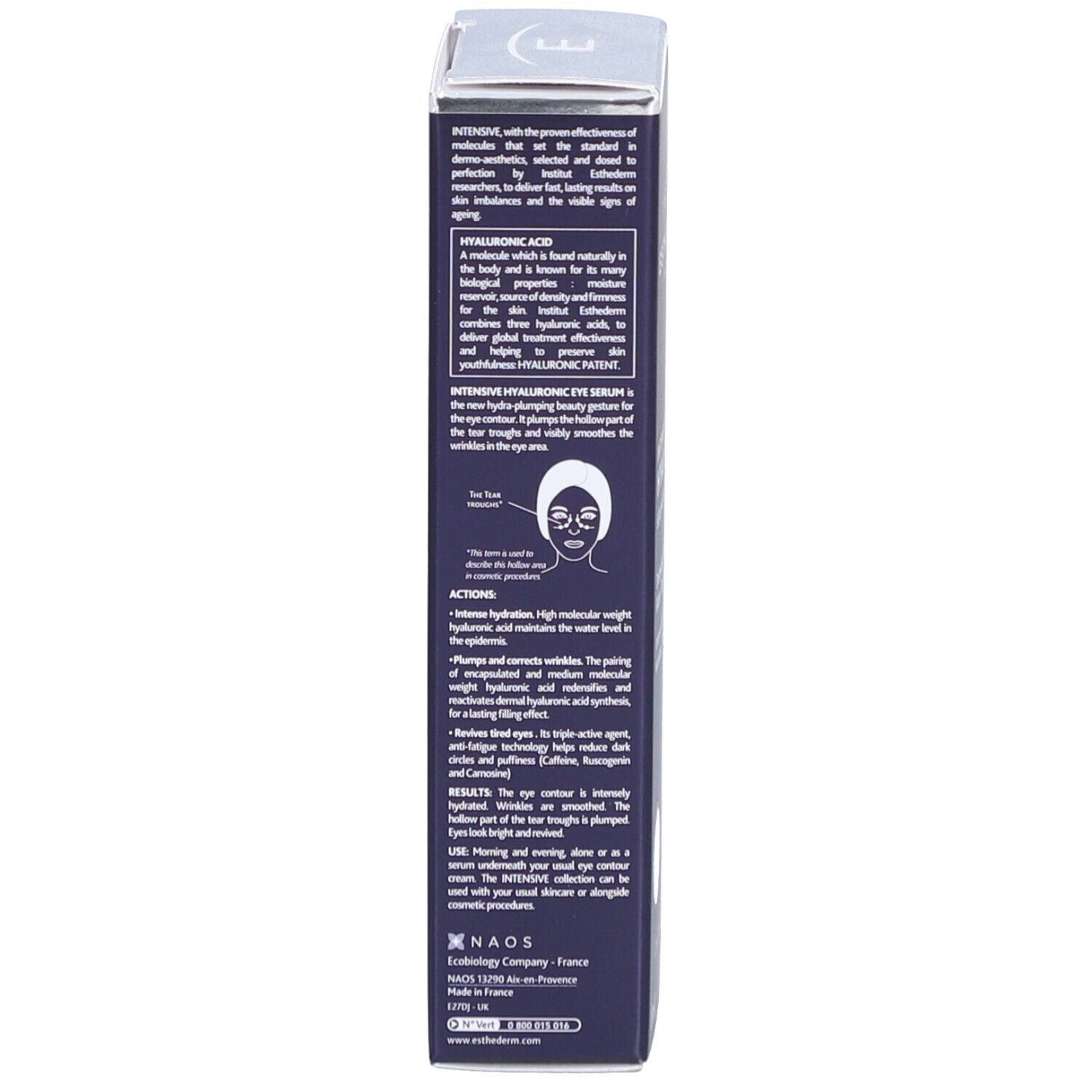 Côté de l'emballage du produit. Texte multilingue. Informations sur le produit et l'utilisation.
