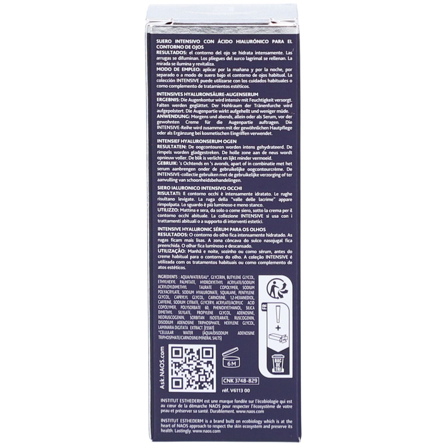 Côté de l'emballage du produit. Texte multilingue. Ingrédients et instructions d'utilisation.