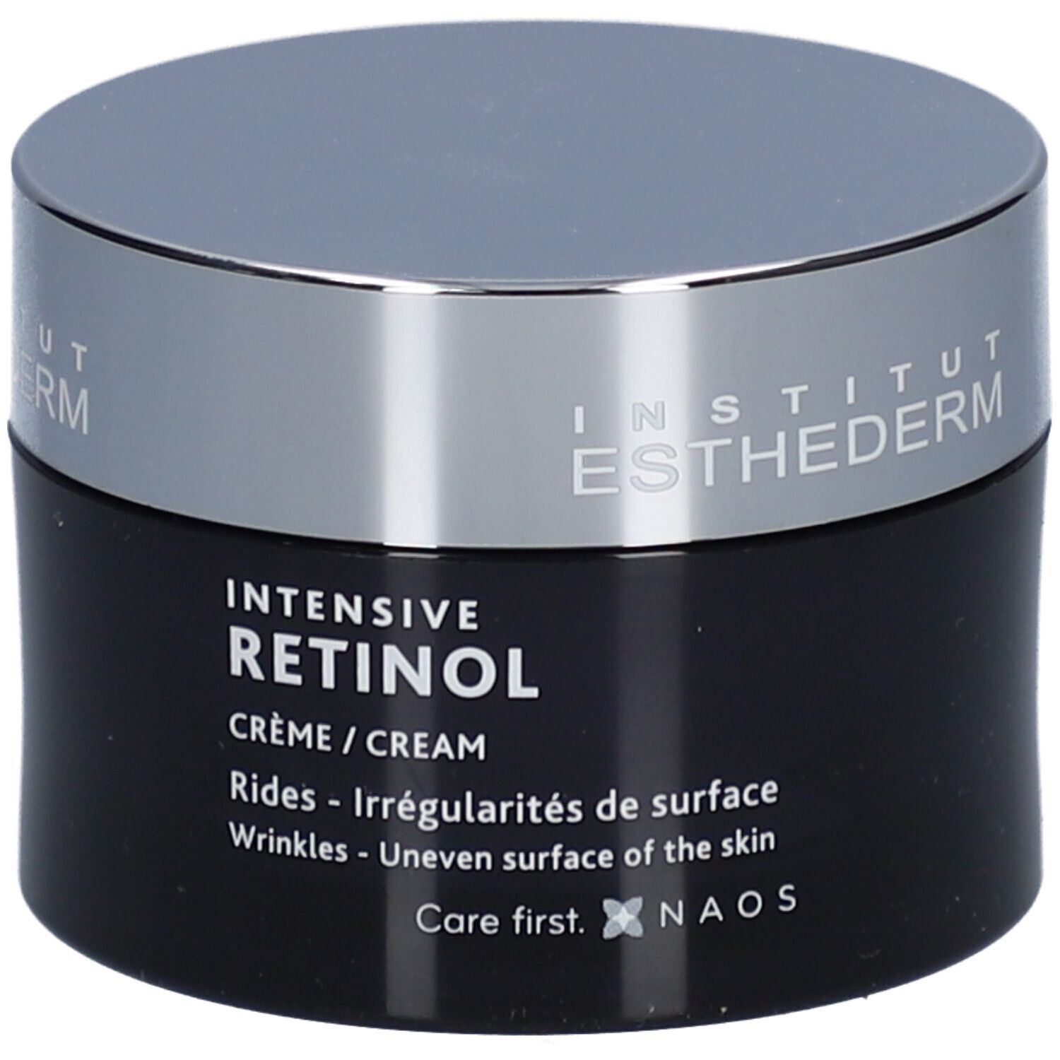 Dunkle Creme-Dose mit silbernem Deckel. Aufschrift: INSTITUT ESTHEDERM, INTENSIVE RETINOL, Crème/Cream.