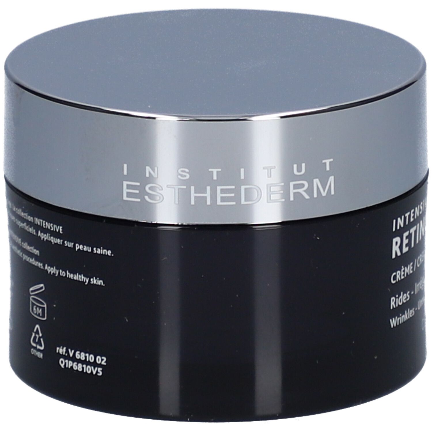 Dunkle Creme-Dose mit silbernem Deckel. Aufschrift: INSTITUT ESTHEDERM. Rückseite mit Text und Symbolen.