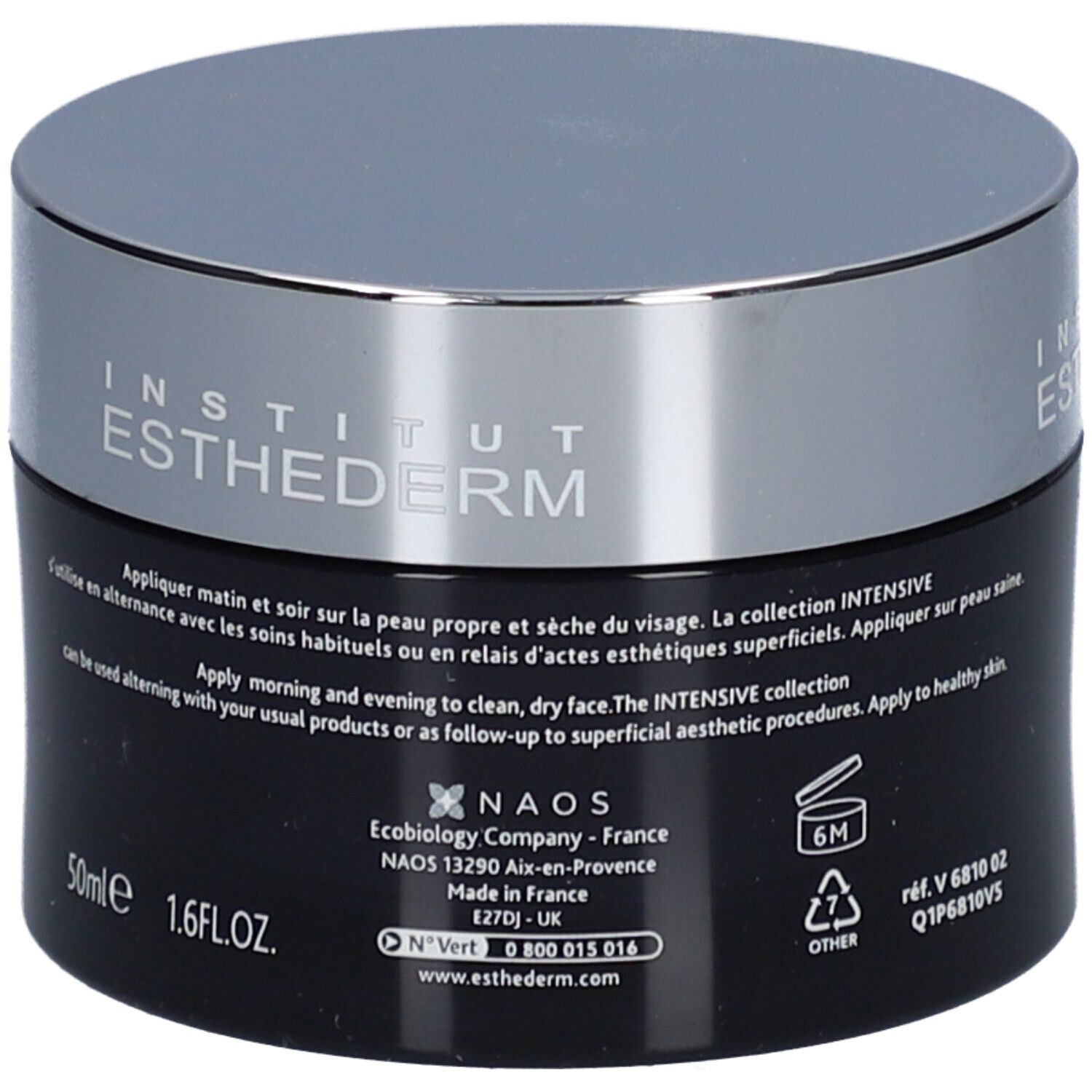 Dunkle Creme-Dose mit silbernem Deckel. Aufschrift: INSTITUT ESTHEDERM. Text auf der Rückseite, 50ml, 1.6 FL.OZ.