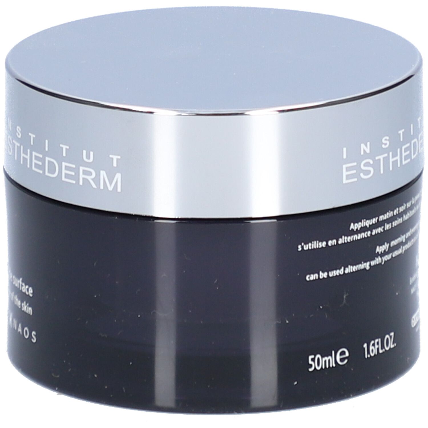 Dunkle Creme-Dose mit silbernem Deckel. Aufschrift: INSTITUT ESTHEDERM. Text auf der Rückseite, 50ml, 1.6 FL.OZ.
