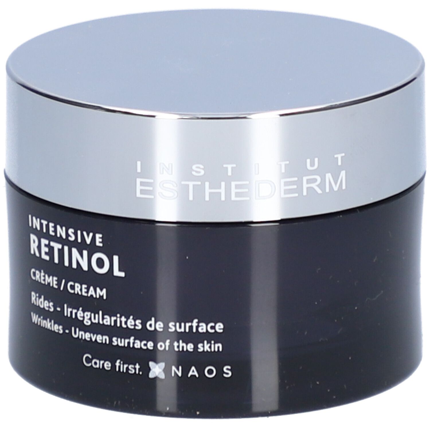 Dunkle Creme-Dose mit silbernem Deckel. Aufschrift: INSTITUT ESTHEDERM, INTENSIVE RETINOL, Crème/Cream.