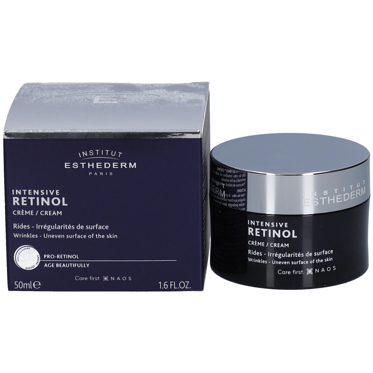 Dunkle Creme-Dose und Schachtel. Aufschrift: INSTITUT ESTHEDERM, INTENSIVE RETINOL, Crème/Cream, 50ml, 1.6 FL.OZ.