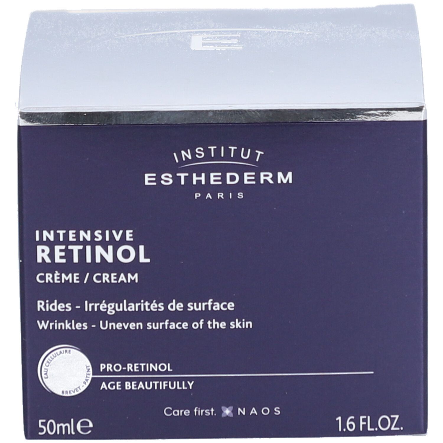 Dunkle Schachtel. Aufschrift: INSTITUT ESTHEDERM, INTENSIVE RETINOL, Crème/Cream, 50ml, 1.6 FL.OZ.