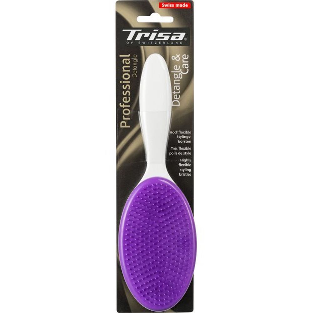 Brosse à cheveux avec manche blanc et picots violets. Emballage avec nom et logo du produit.