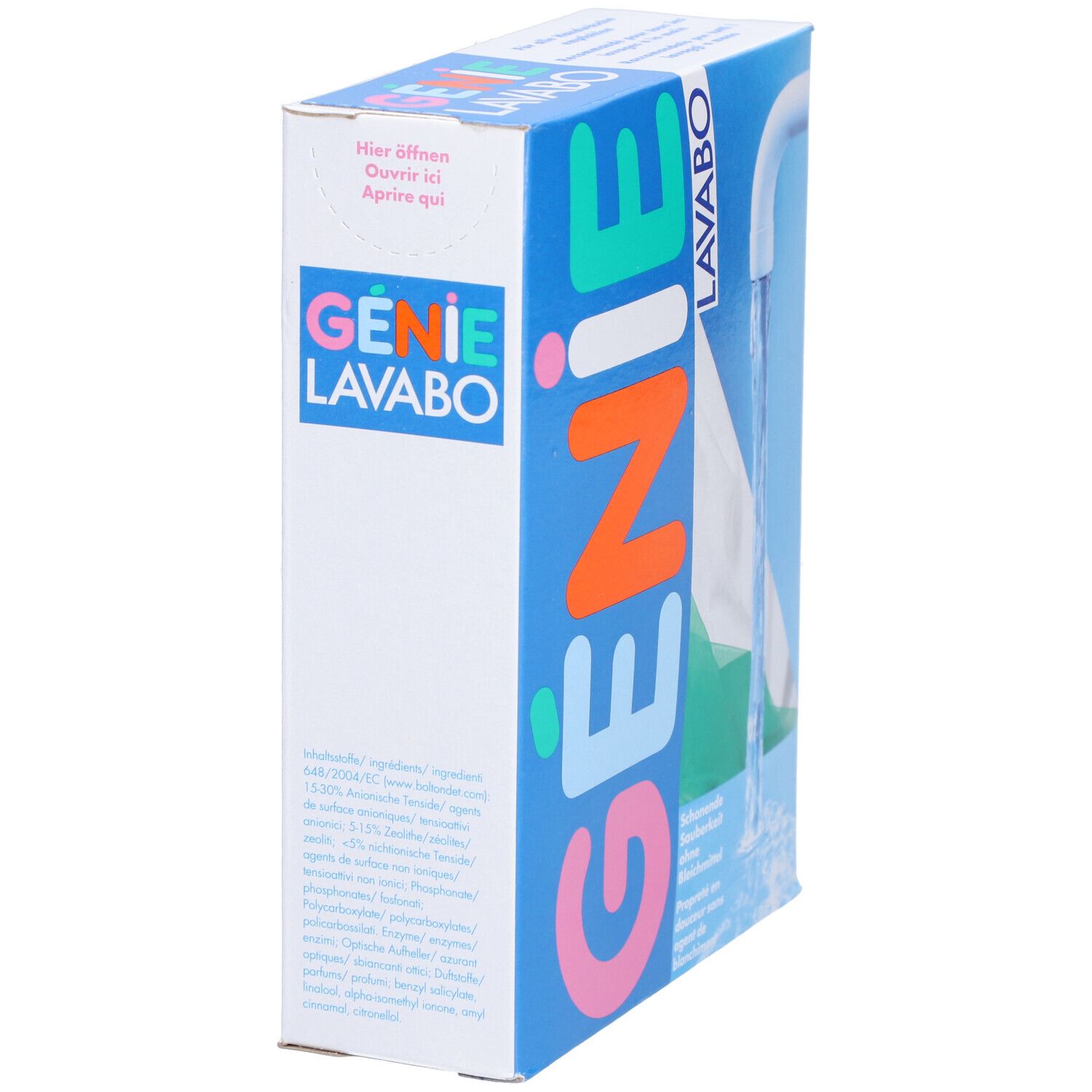 Emballage de GENIE Lavabo Pulver. Emballage bleu avec texte turquoise, orange et rose. Texte en plusieurs langues.