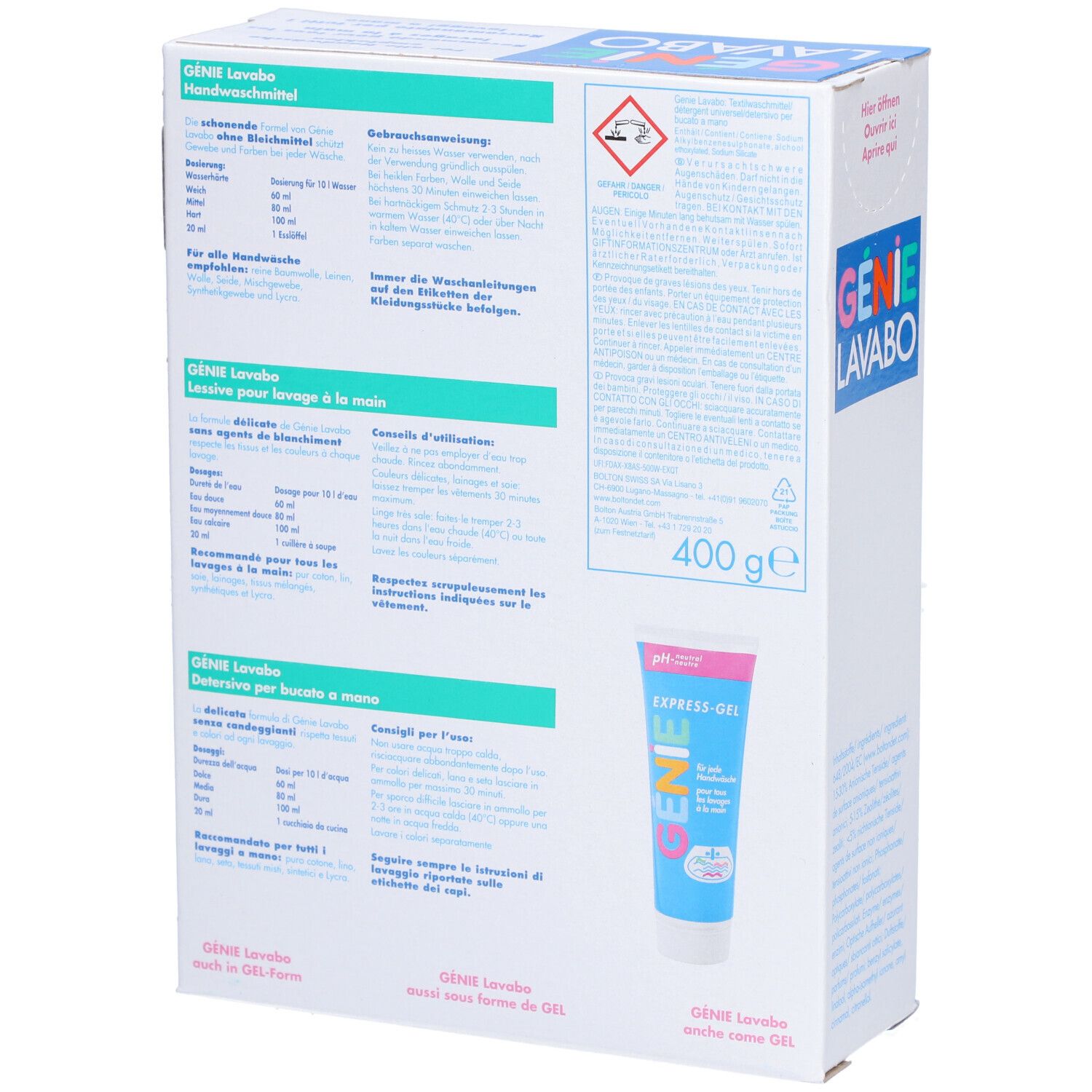 Dos de l'emballage de GENIE Lavabo Pulver. Texte en plusieurs langues. Tube EXPRESS-GEL. Poids : 400 g.