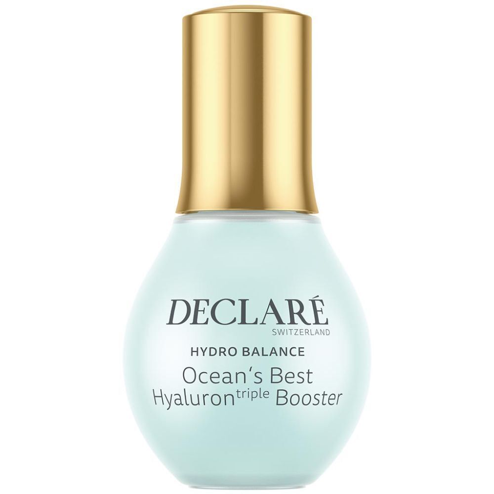 Hellblaue Flasche mit goldfarbenem Verschluss. Aufschrift: DECLARÉ, HYDRO BALANCE, Ocean's Best Hyaluron triple Booster.