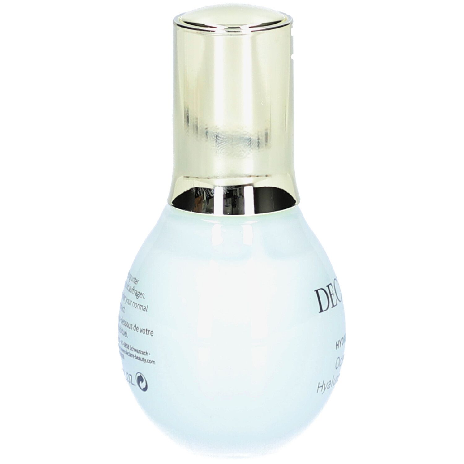 Hellblaue Flasche mit goldfarbenem Deckel. Auf der Rückseite Text in mehreren Sprachen.