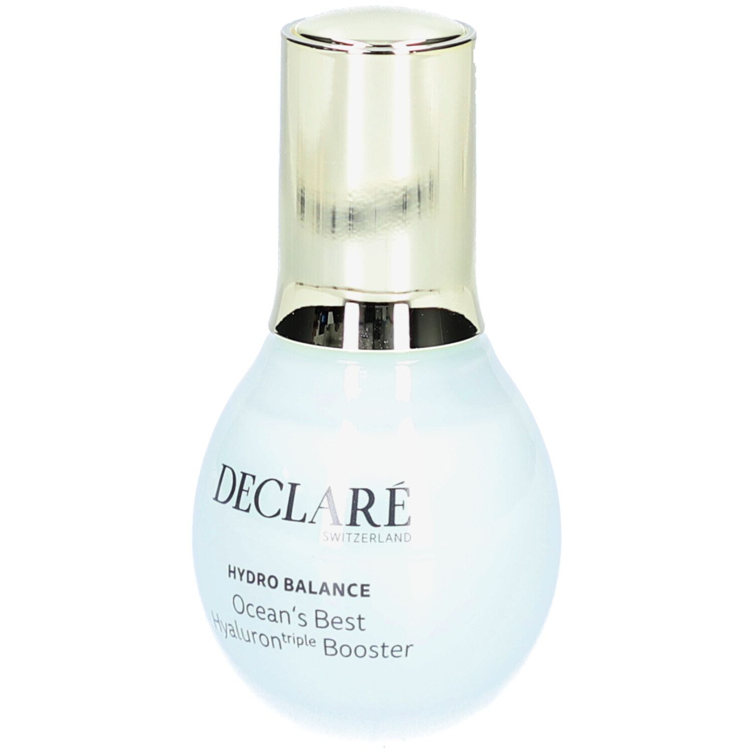 Hellblaue Flasche mit goldfarbenem Deckel. Aufschrift: DECLARÉ, HYDRO BALANCE, Ocean's Best Hyaluron triple Booster.