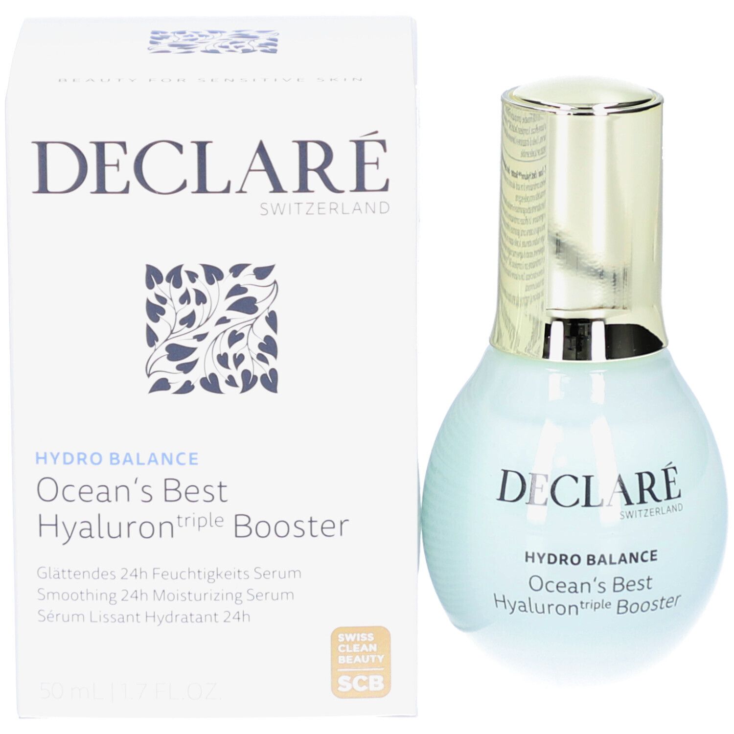 Produktflasche und Verpackung. Aufschrift: DECLARÉ, HYDRO BALANCE, Ocean's Best Hyaluron triple Booster. Mit Zertifizierung.