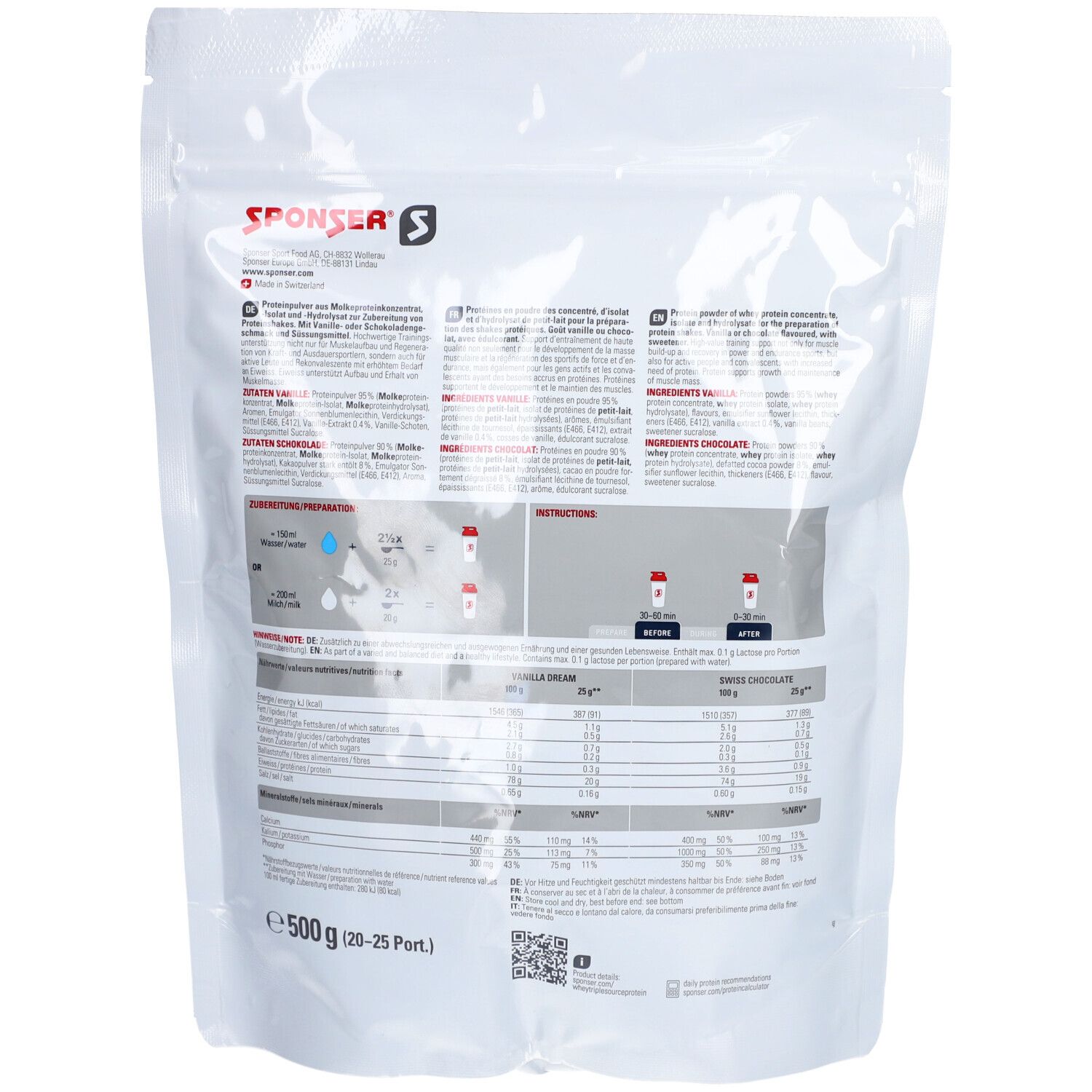 Rückseite der SPONSER® Molkenprotein Dreifachquelle-Verpackung. Text in mehreren Sprachen. Nährwertangaben und Zubereitungshinweise.