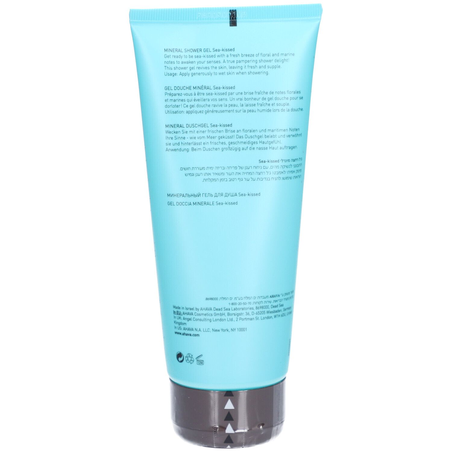 Dos du tube de gel douche AHAVA. Texte multilingue. Fond bleu clair, bouchon noir.