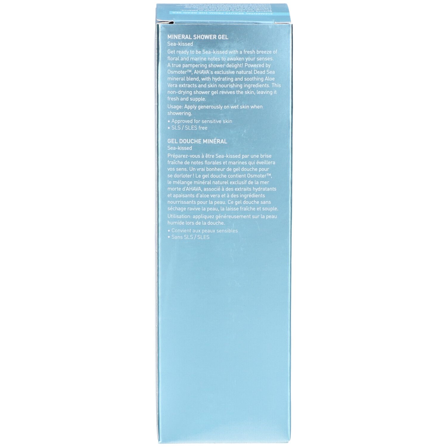 Côté de l'emballage du gel douche AHAVA. Texte en anglais et en français. Fond bleu clair.