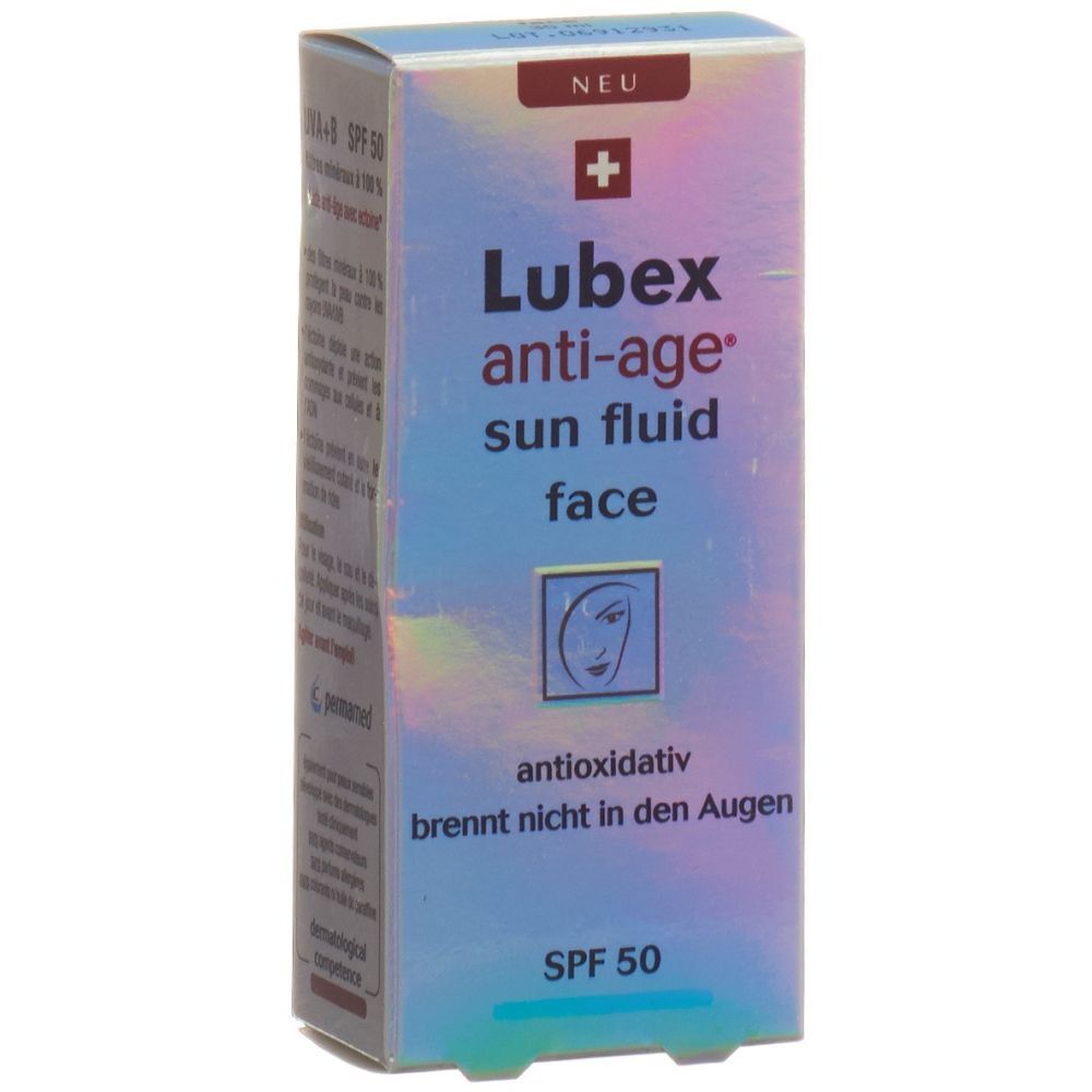 Boîte de Lubex anti-age® sun fluid face. Texte : SPF 50, antioxydant, ne pique pas les yeux. Croix suisse.