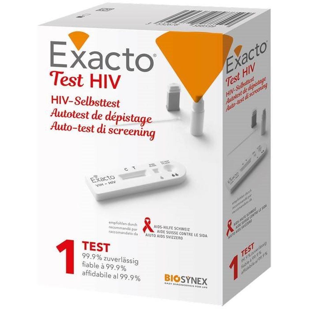 Verpackung von EXACTO HIV-Selbsttest. Enthält Teststreifen, Behälter und Anweisungen. Aufdrucke: EXACTO, HIV-Selbsttest, 99,9% zuverlässig.