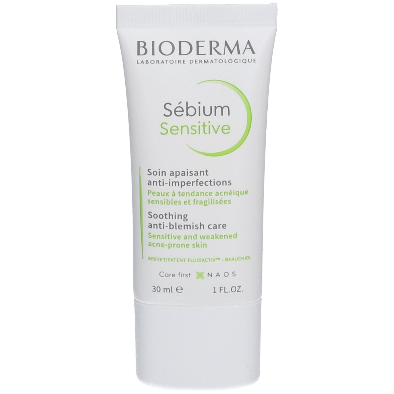 Tube de crème Bioderma Sebium Sensitive. Inscription verte. Soin apaisant anti-imperfections. 30 ml.