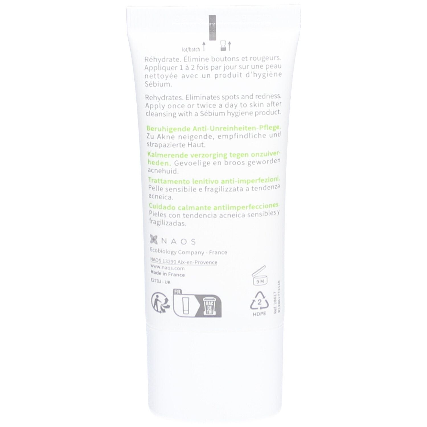 Dos du tube de crème. Texte multilingue. Instructions et informations sur le produit.