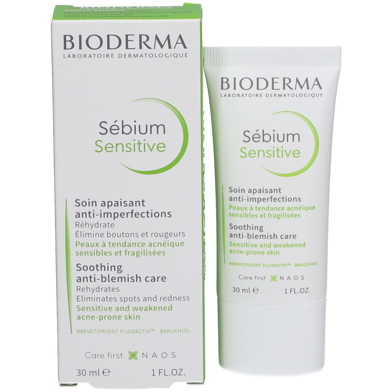 Emballage du produit : tube et boîte. Marque : Bioderma. Nom : Sebium Sensitive. 30 ml.