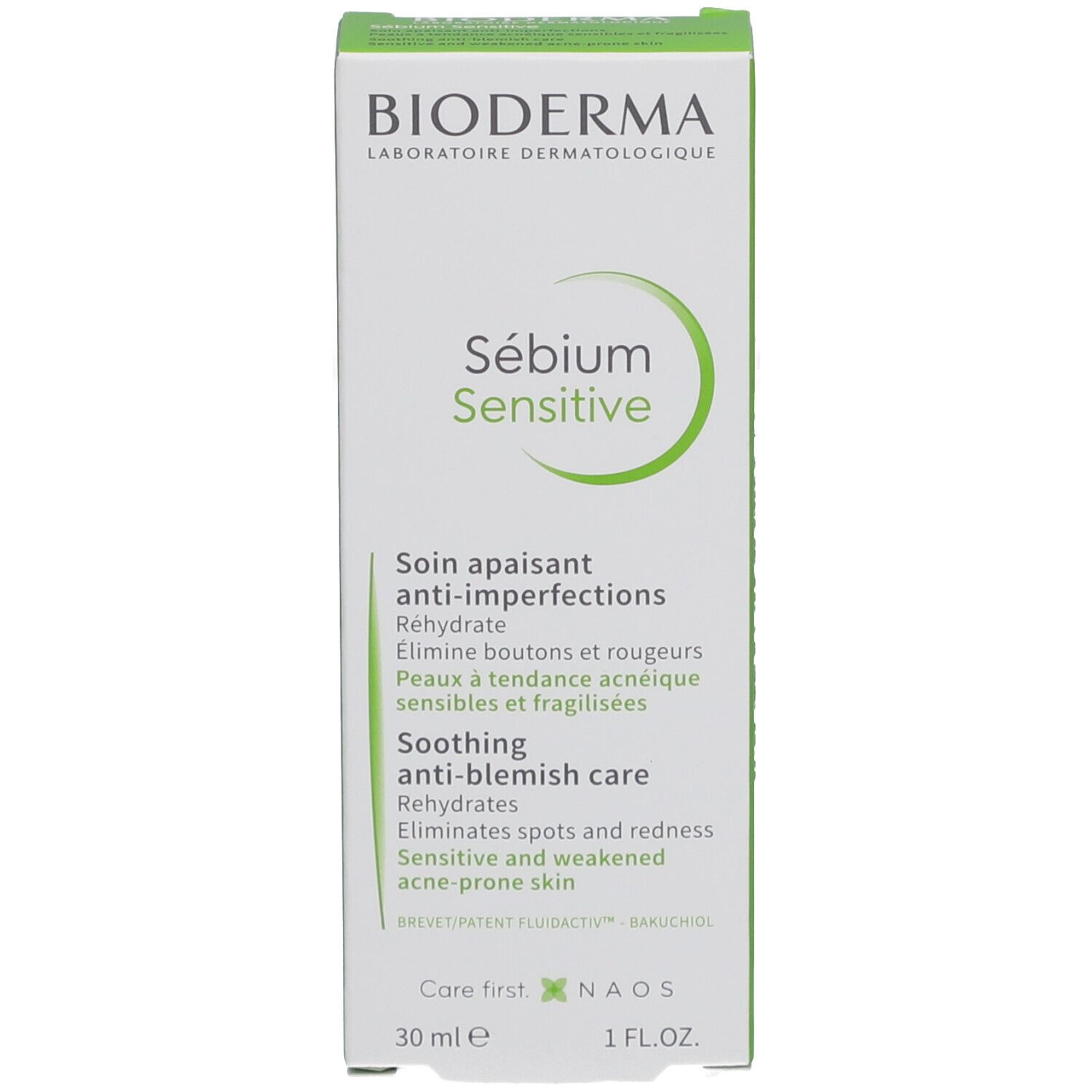 Emballage du produit : boîte. Marque : Bioderma. Nom : Sebium Sensitive. 30 ml.