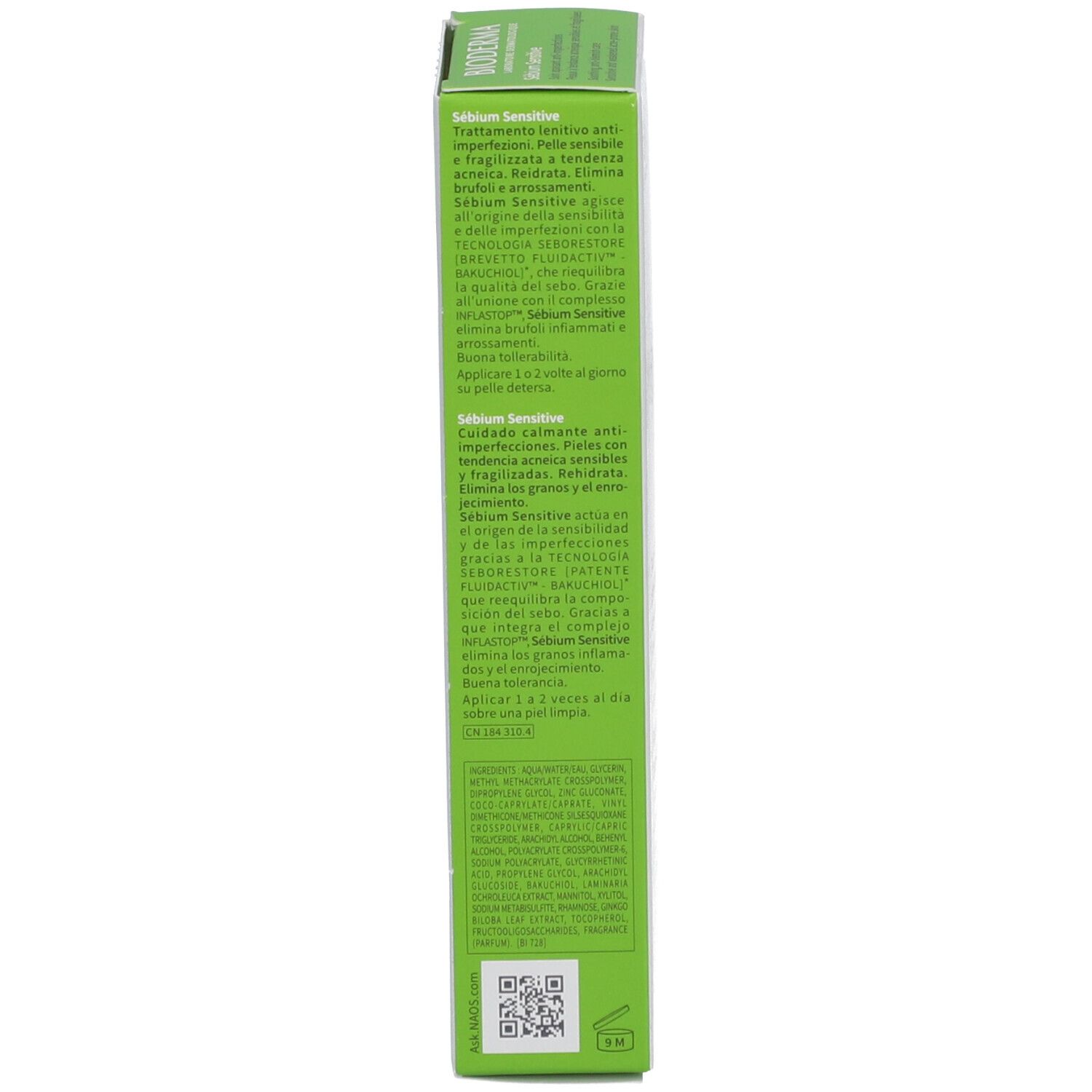 Boîte, vue latérale. Texte multilingue. Informations et instructions sur le produit.