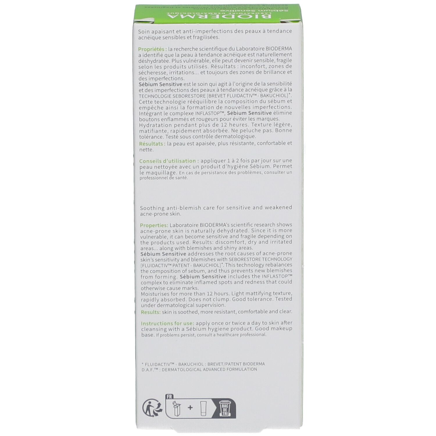 Boîte, dos. Texte multilingue. Informations et instructions sur le produit.