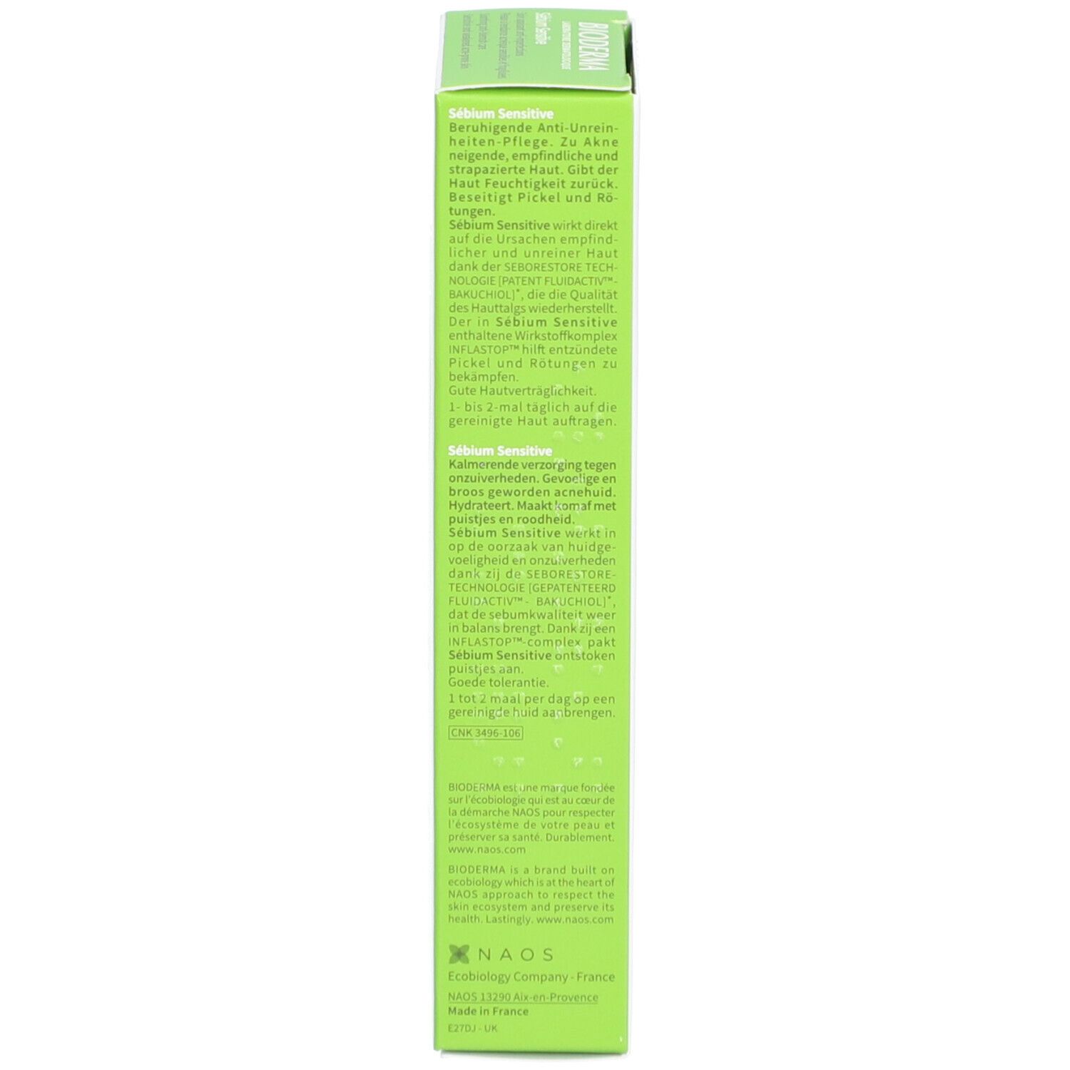 Boîte, vue latérale. Texte multilingue. Informations et instructions sur le produit.