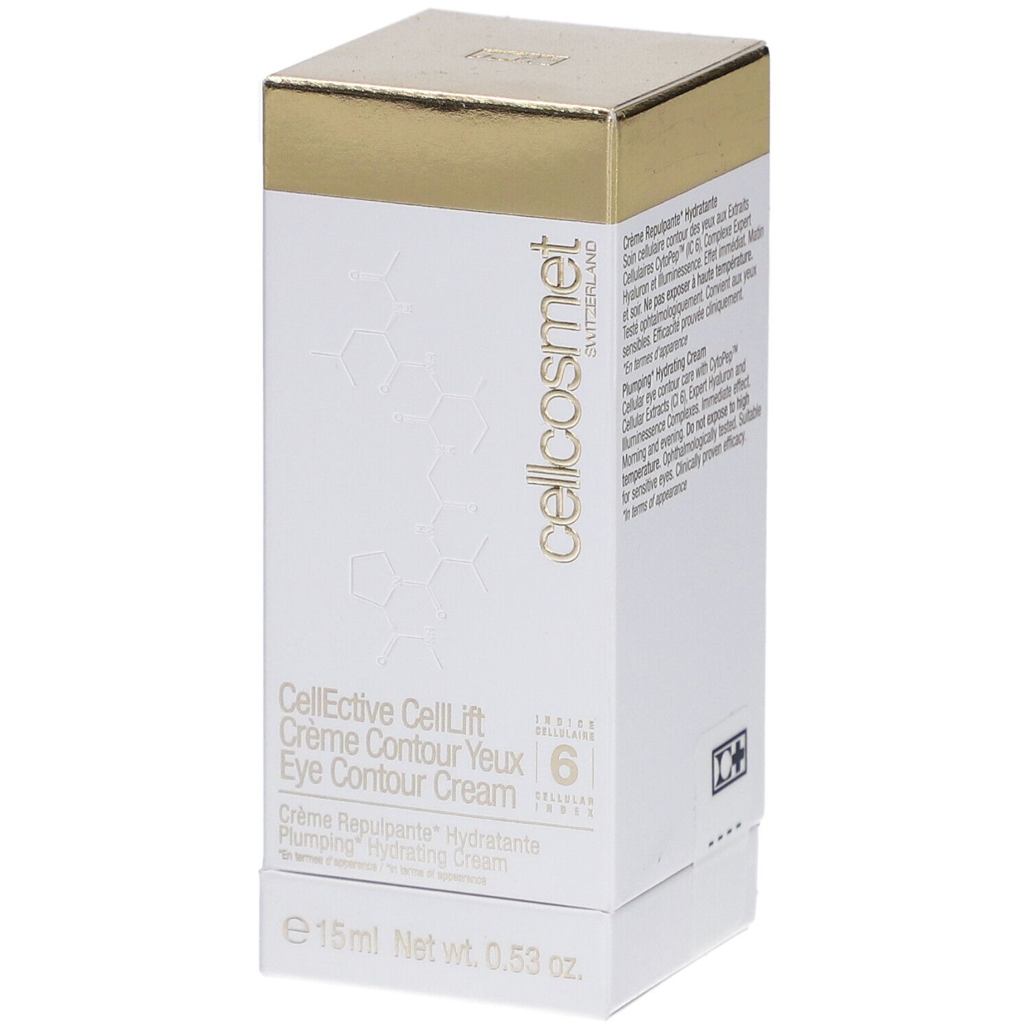 Weiße Schachtel mit goldfarbenem Deckel. Aufschrift: Cellcosmet, CellEctive CellLift Crème Contour Yeux Eye Contour Cream.