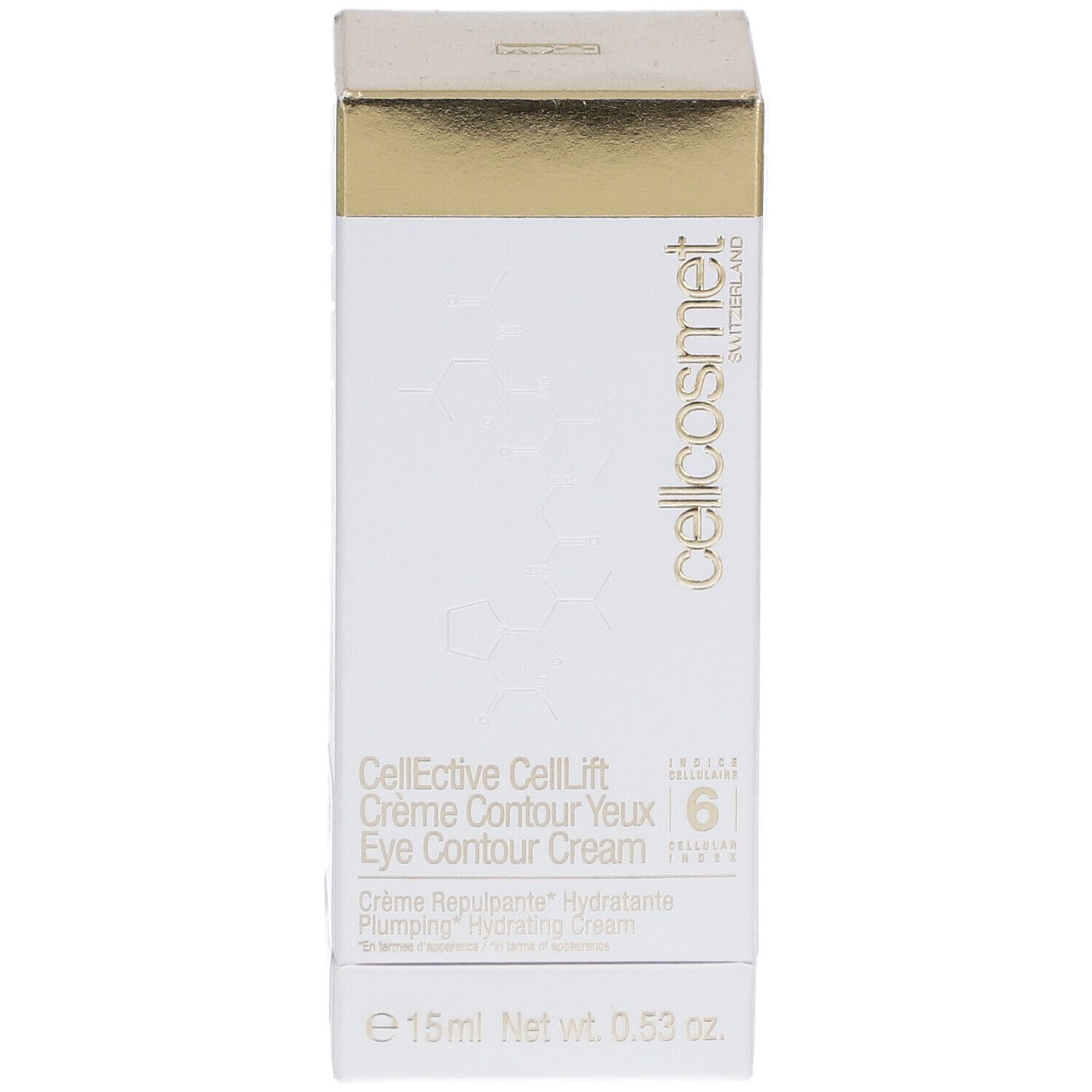 Weiße Schachtel mit goldfarbenem Deckel. Aufschrift: Cellcosmet, CellEctive CellLift Crème Contour Yeux Eye Contour Cream.