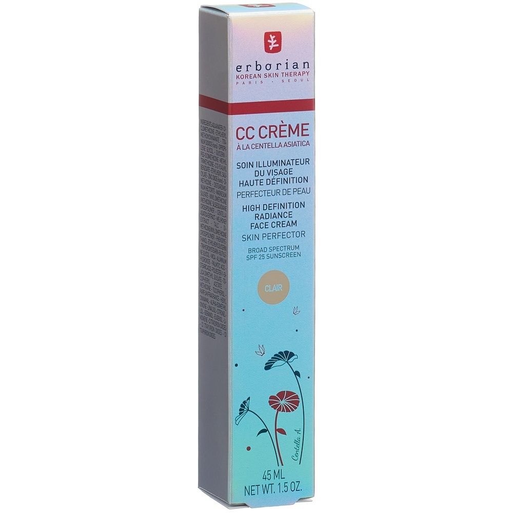 Erborian CC Crème-Verpackung. Enthält Text in Französisch und Englisch. Enthält 45 ml. Mit SPF 25. Klar.