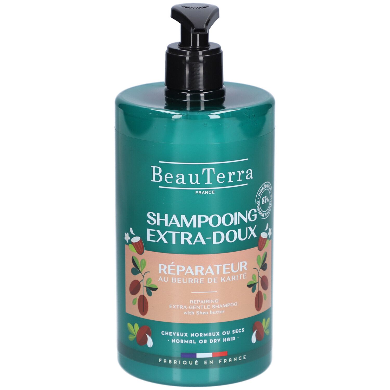 Grüne Flasche mit schwarzem Pumpkopf. Aufschrift: BeauTerra, Shampooing Extra-Doux, Réparateur au beurre de Karité. Für normales oder trockenes Haar.