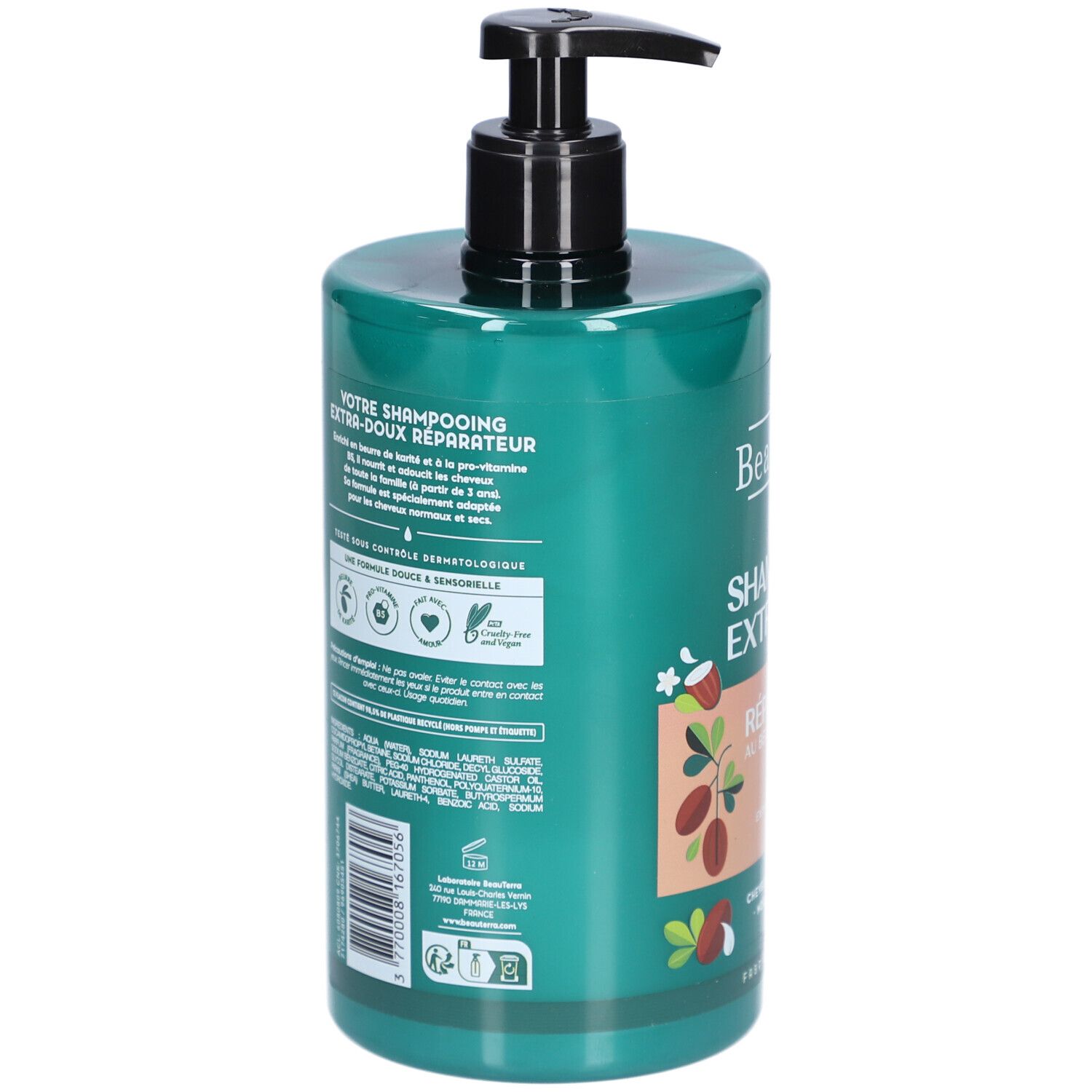 Rückseite der grünen Flasche mit Text. Aufschrift: BeauTerra, Shampooing Extra-Doux Réparateur. Enthält Sheabutter. Dermatologisch getestet.
