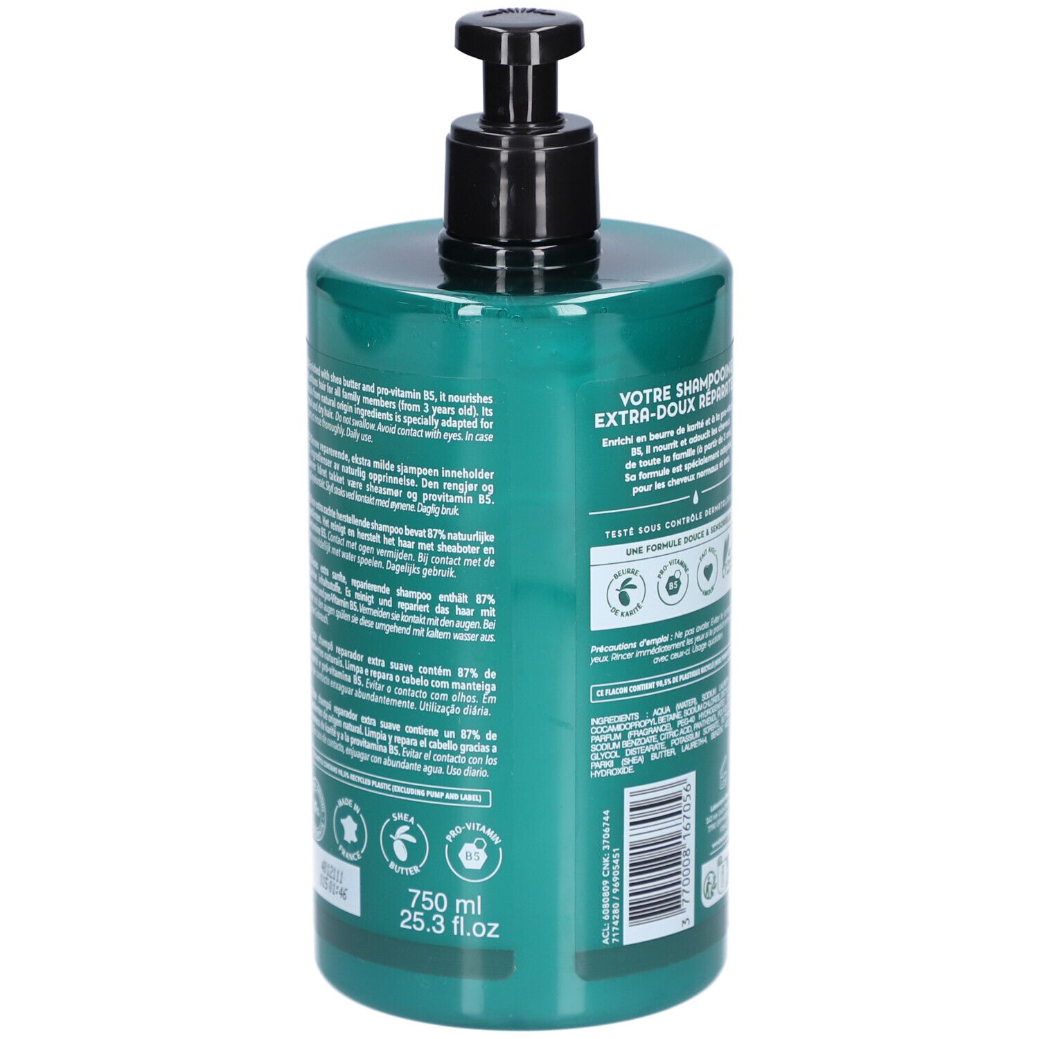 Rückseite der grünen Flasche. Aufschrift: BeauTerra Shampooing Extra-Doux Réparateur. 750 ml. 25.3 fl.oz. Mit verschiedenen Zertifizierungen.