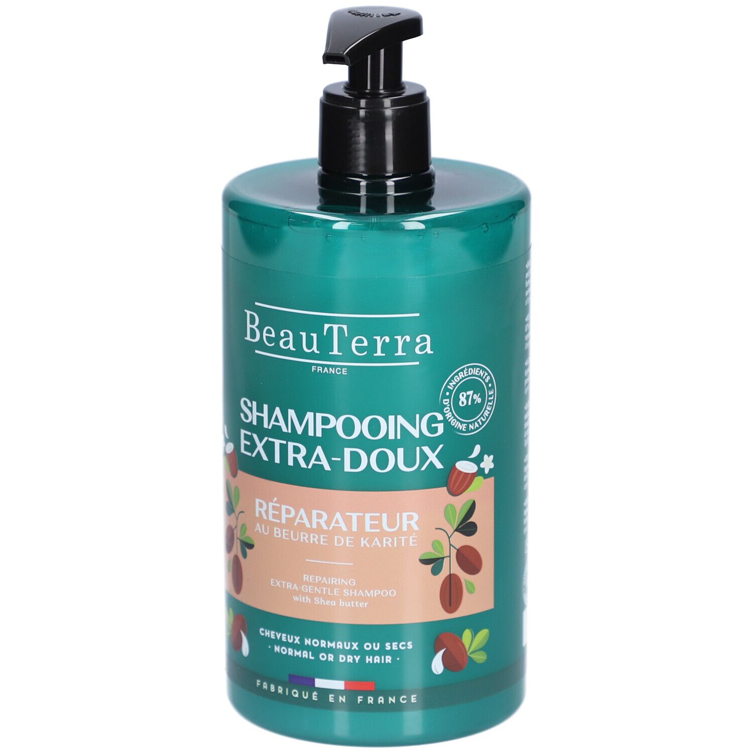 Grüne Flasche mit schwarzem Pumpkopf. Aufschrift: BeauTerra, Shampooing Extra-Doux, Réparateur au beurre de Karité. 87% natürliche Inhaltsstoffe.