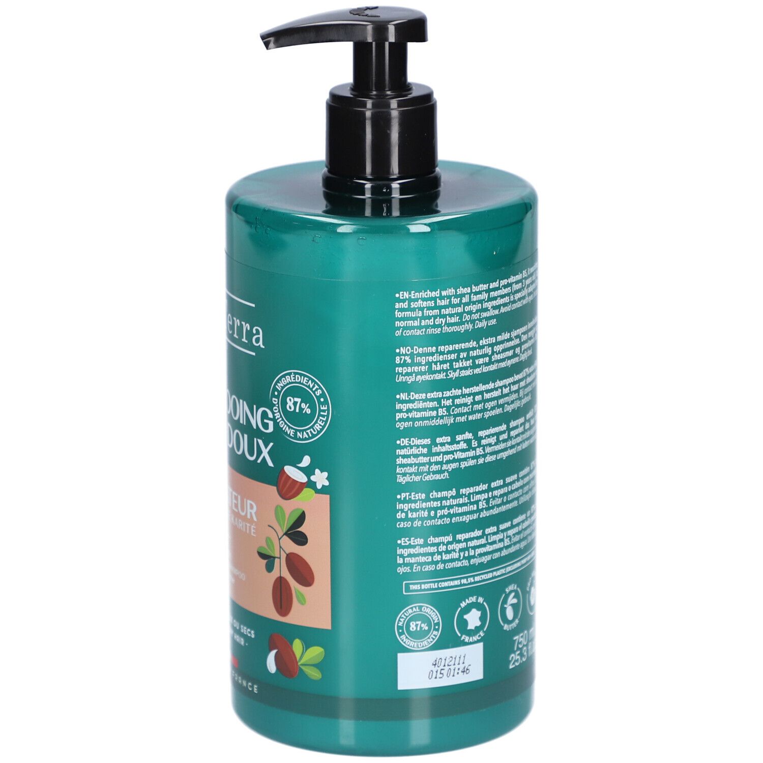Rückseite der grünen Flasche. Aufschrift: BeauTerra Shampooing Extra-Doux Réparateur. 87% natürliche Inhaltsstoffe. Mit Zertifizierungen.
