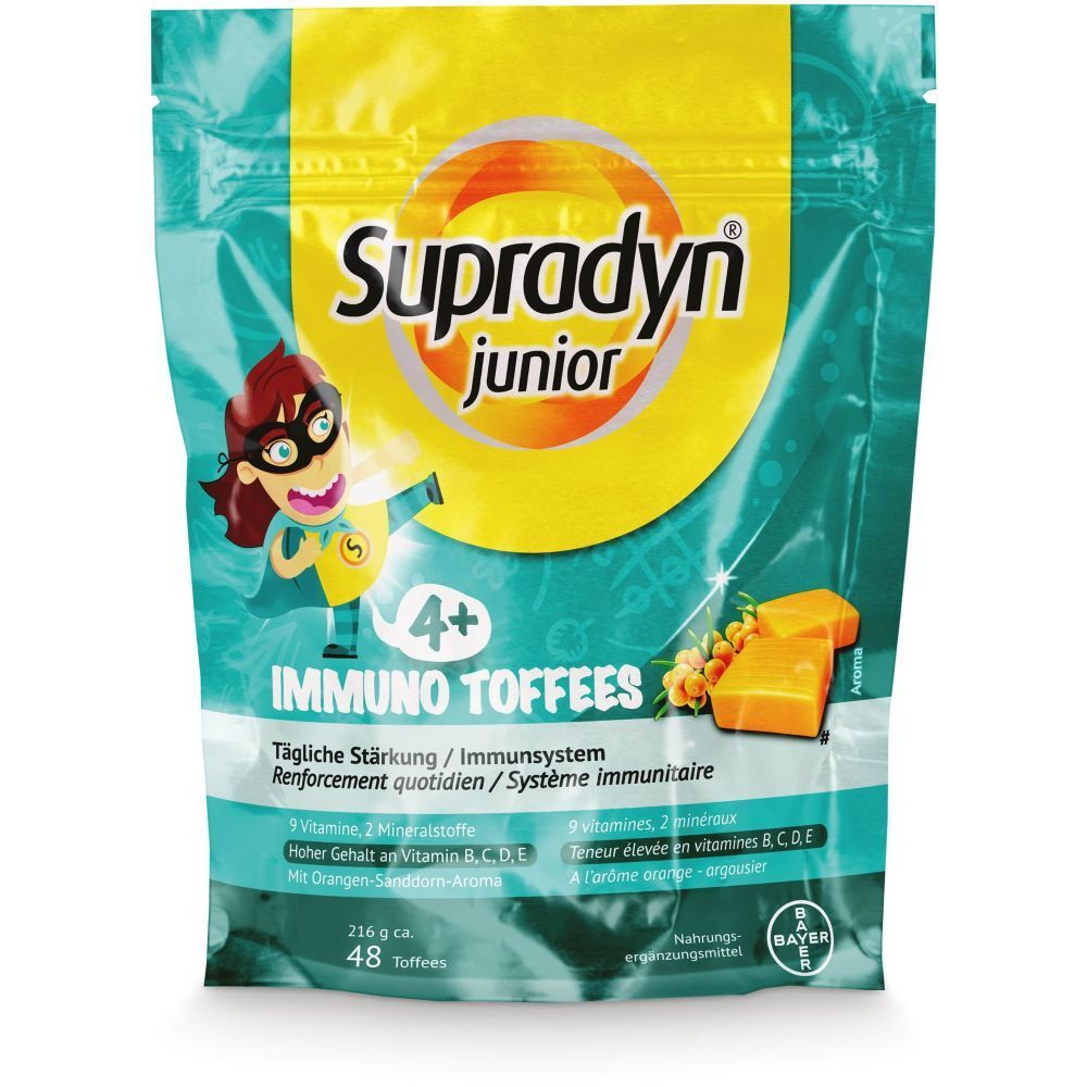 Beutel mit Supradyn Junior Immuno Toffees. Aufdruck: 4+, Immuno Toffees, 48 Toffees. Abbildung: Comicfigur, Toffees.