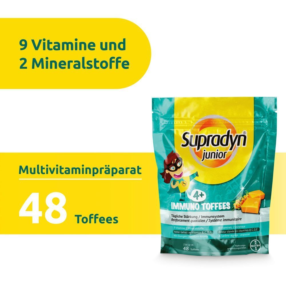 Gelber Hintergrund mit Text: 9 Vitamine und 2 Mineralstoffe, Multivitaminpräparat, 48 Toffees. Abbildung: Beutel Supradyn Junior Immuno Toffees.
