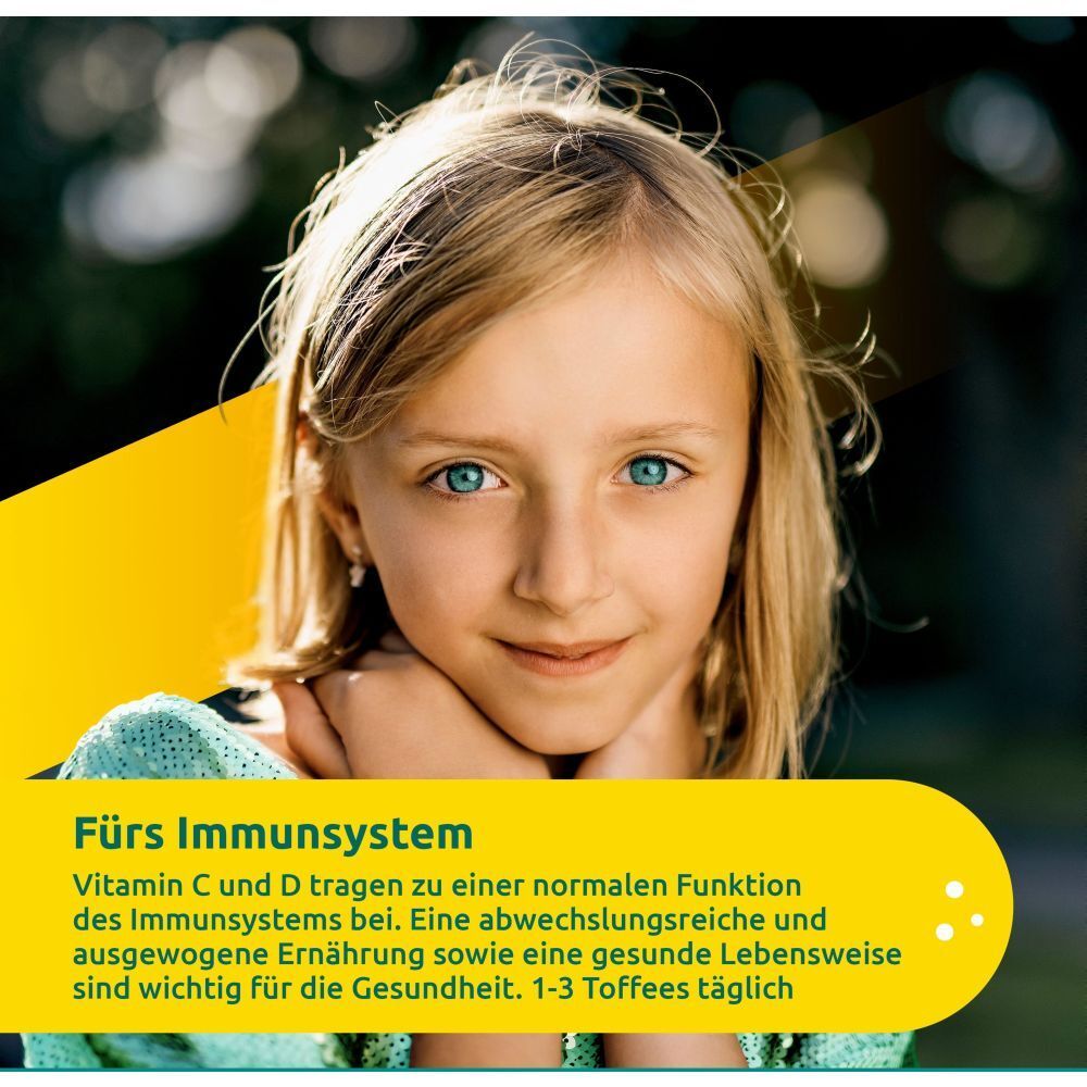 Porträt eines blonden Mädchens. Gelber Hintergrund mit Text: Fürs Immunsystem. Text: Vitamin C und D tragen zu einer normalen Funktion bei.