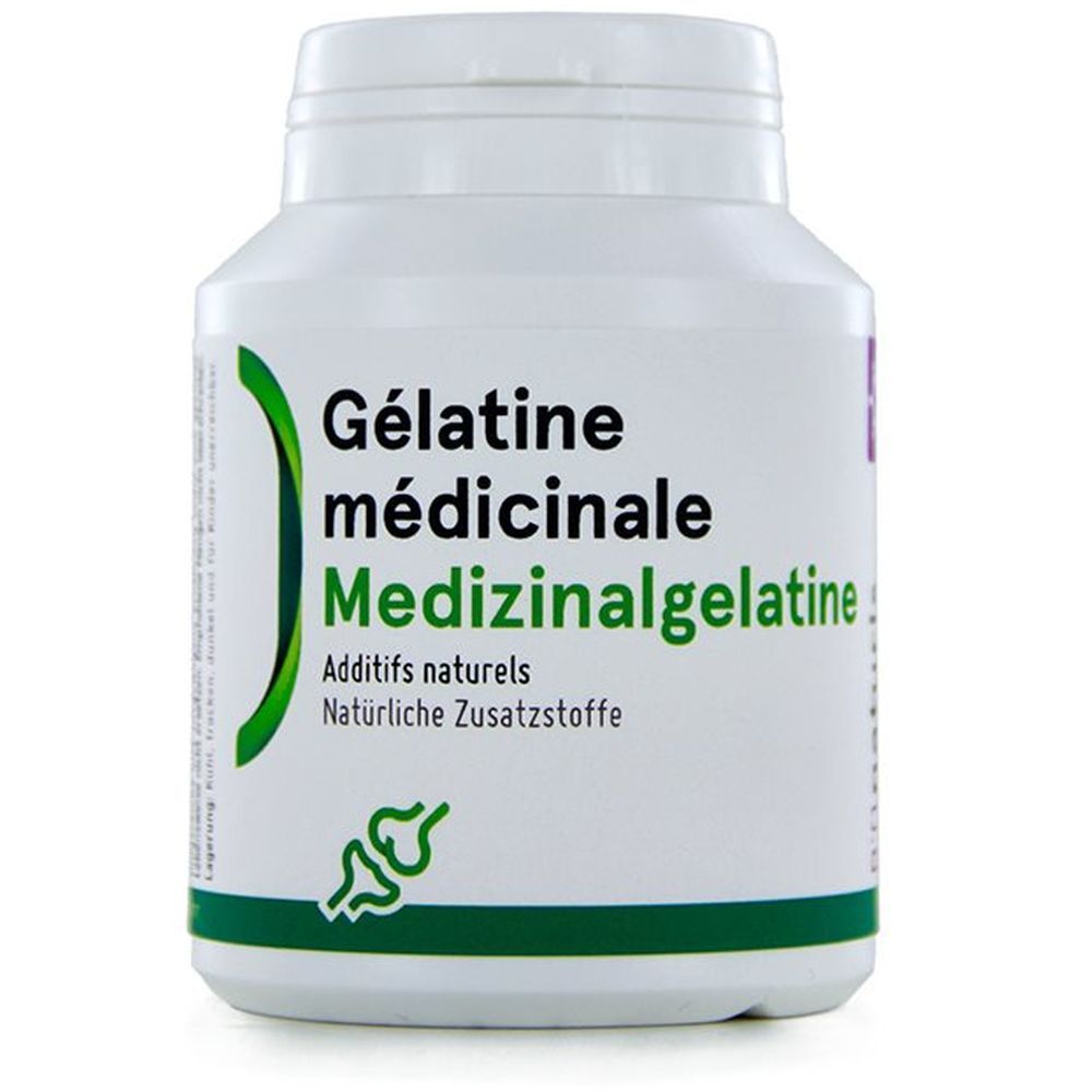 Flacon blanc avec textes verts et noirs. Inscription: Gélatine médicinale, Additifs naturels. Logo vert.