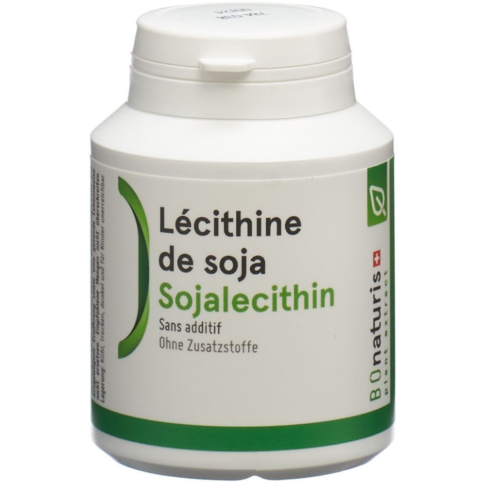 Flacon blanc avec étiquette verte. Inscription : Lécithine de soja, Sojalecithin. Sans additif. Bionaturis.