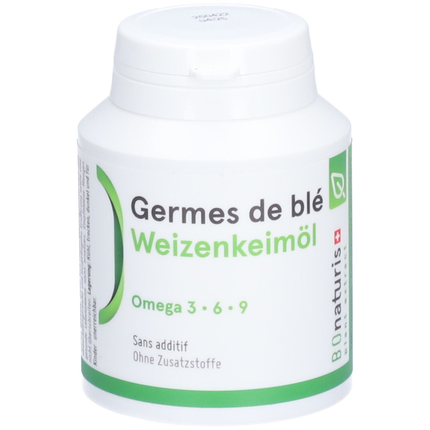 Flacon blanc avec étiquette verte. Inscription: Germes de blé Weizenkeimöl, Omega 3·6·9. Sans additif. Logo BOnaturis.
