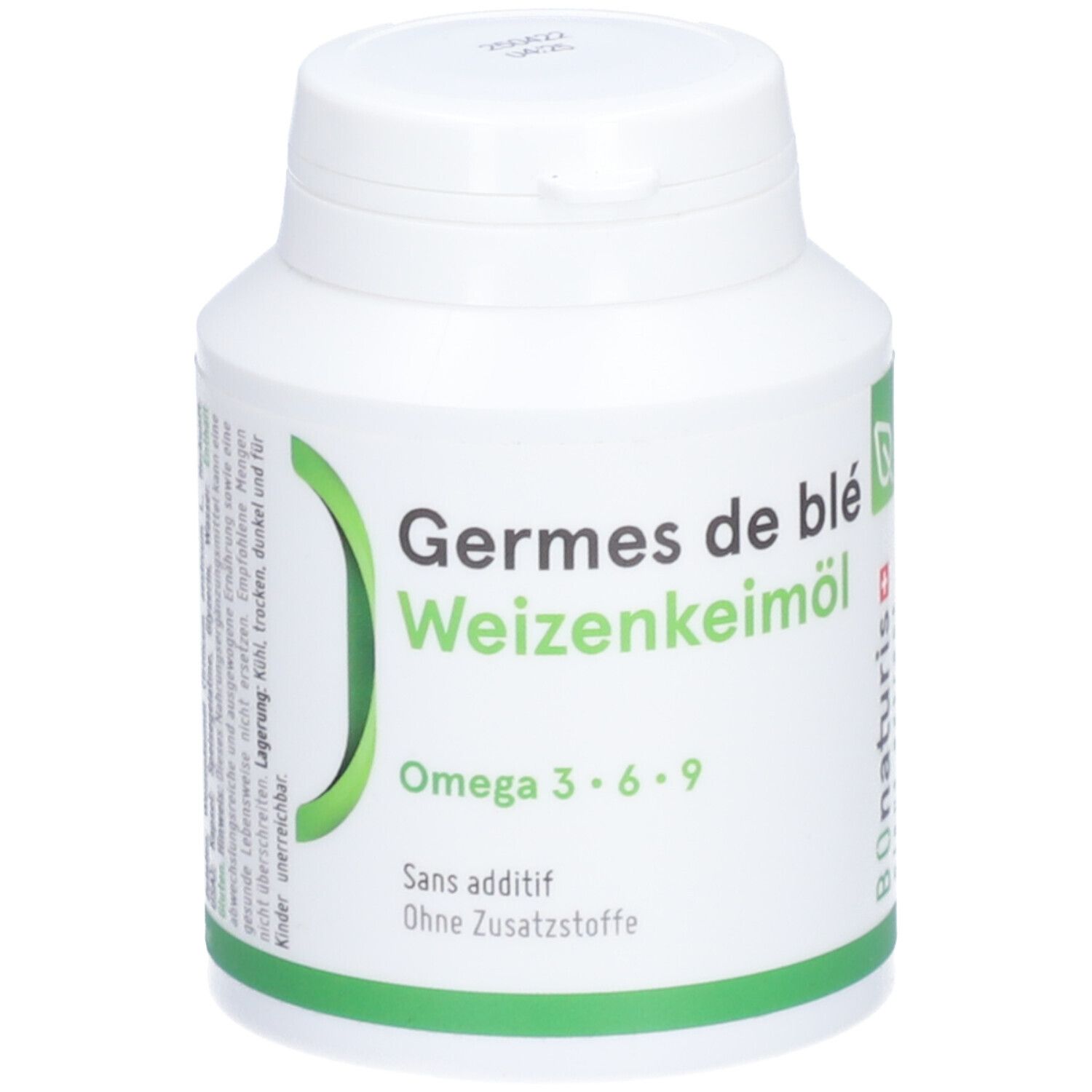 Flacon blanc avec étiquette verte. Inscription: Germes de blé Weizenkeimöl, Omega 3·6·9. Sans additif. Logo BOnaturis.
