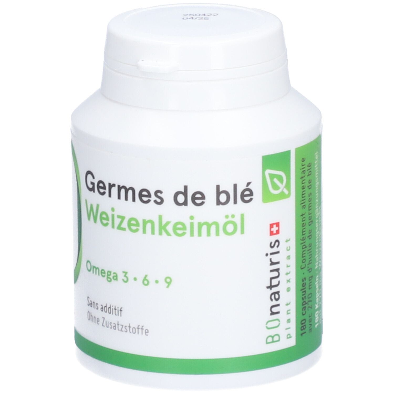 Flacon blanc avec étiquette verte. Inscription: Germes de blé Weizenkeimöl, Omega 3·6·9. 100 gélules. Logo BOnaturis.