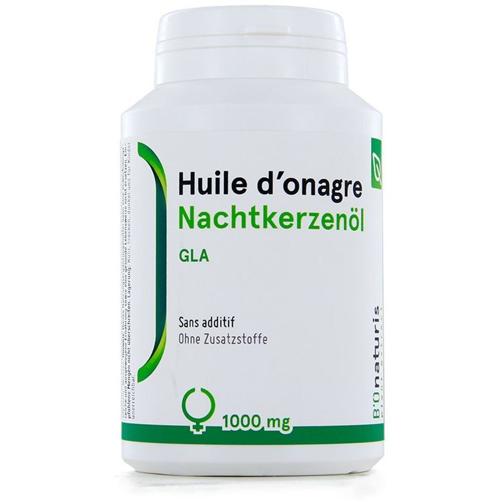 Weißes Flaschenetikett mit grünen Akzenten. Text: Huile d'onagre Nachtkerzenöl, GLA, 1000 mg. Ohne Zusatzstoffe.
