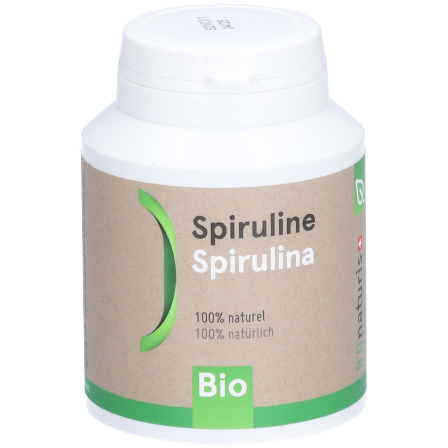Boîte blanche avec étiquette marron. Inscription: Spiruline, Spirulina, 100% naturel, 100% natürlich. Label Bio.