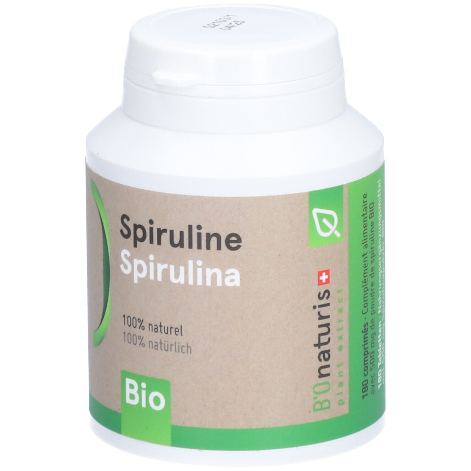Boîte blanche avec étiquette marron. Inscription: Spiruline, Spirulina, 100% naturel, 100% natürlich. Label Bio. 180 comprimés.