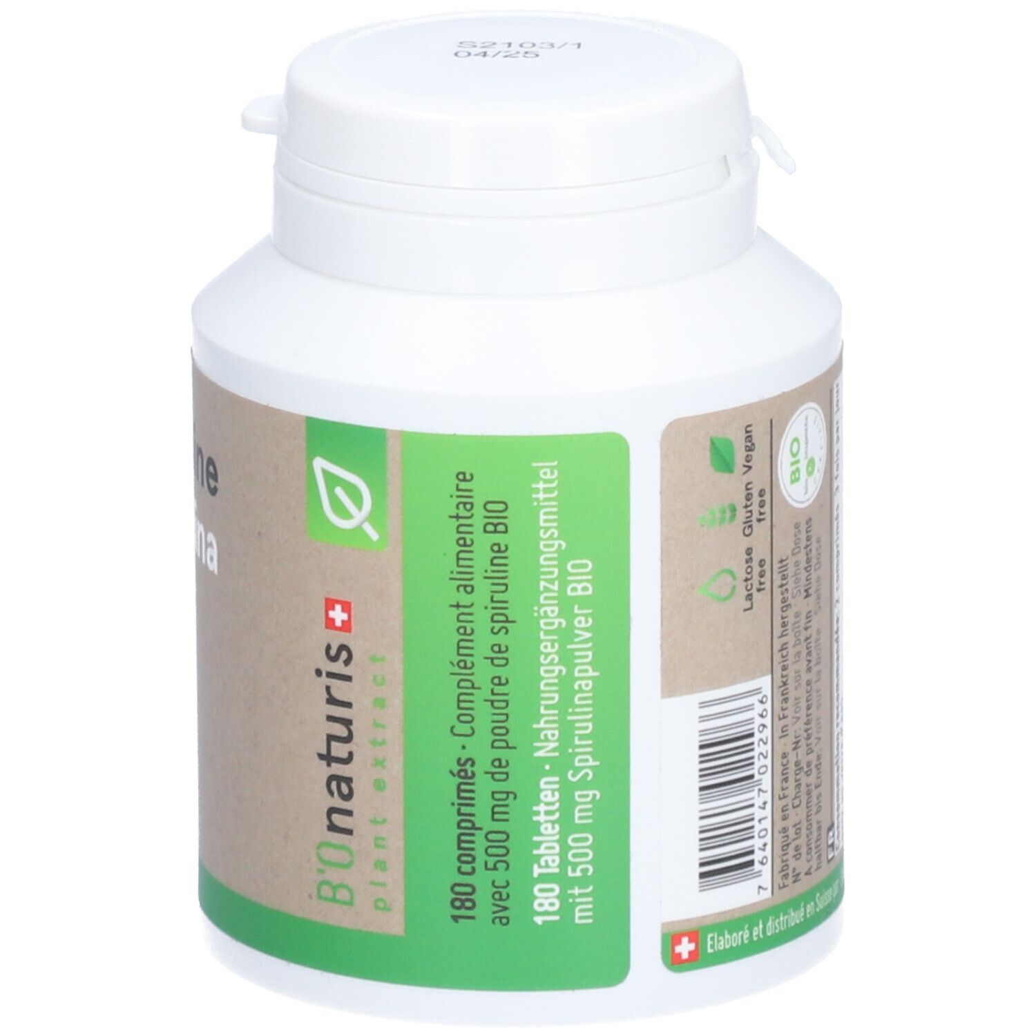 Boîte blanche avec étiquette marron. Inscription: 180 comprimés avec 500 mg de spiruline. Label Bio. Logo B'onaturis.